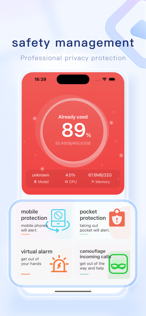 CleanMaster Pro` - CleanMaster Pro app interface showing safety management features and 89 percent storage usage