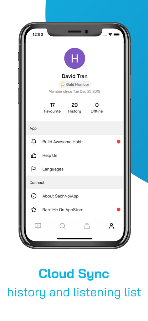 User profile screen of the AudioAZ app highlighting cloud sync for listening history and favorites