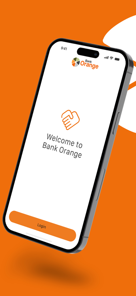 Bank Orange - Schermata di benvenuto dell'app mobile Bank Orange con pulsante di accesso e icona di stretta di mano.