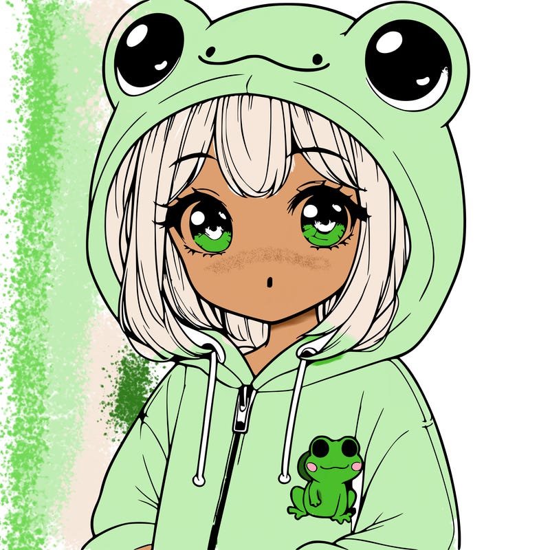 cute realistic girl in a froggy hoodie