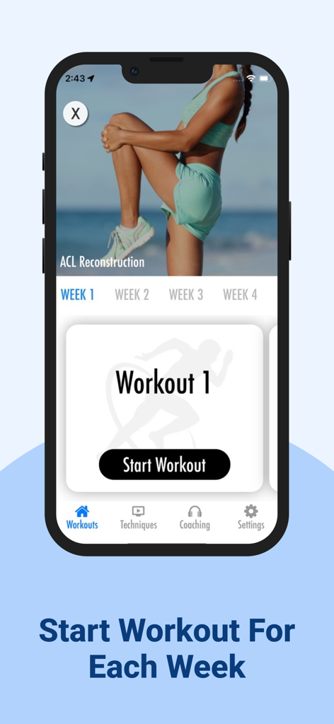 PhysioCare ~  Injury Rehab - Interfaz de la aplicación PhysioCare que muestra un plan de entrenamiento semanal de reconstrucción de LCA con un botón de inicio