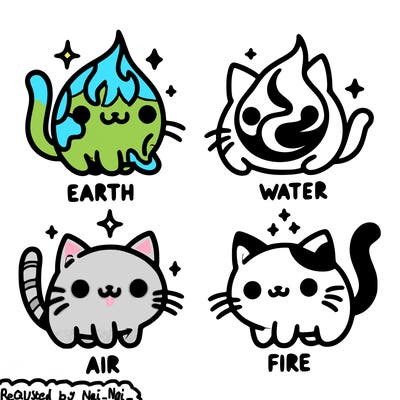 4 cats that represent the different elements, earth, water, air, and fire