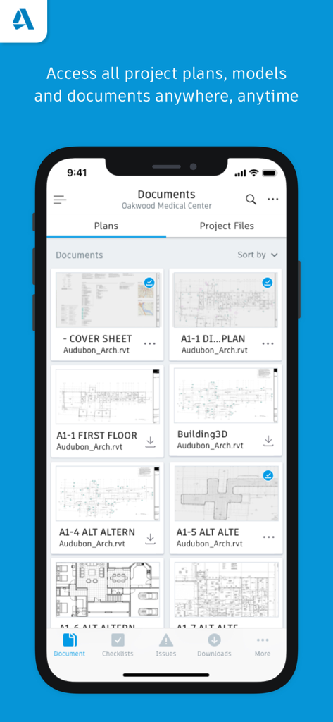 Mobile interface of the Autodesk BIM 360 app showing a grid of architectural plans and blueprints for a construction project