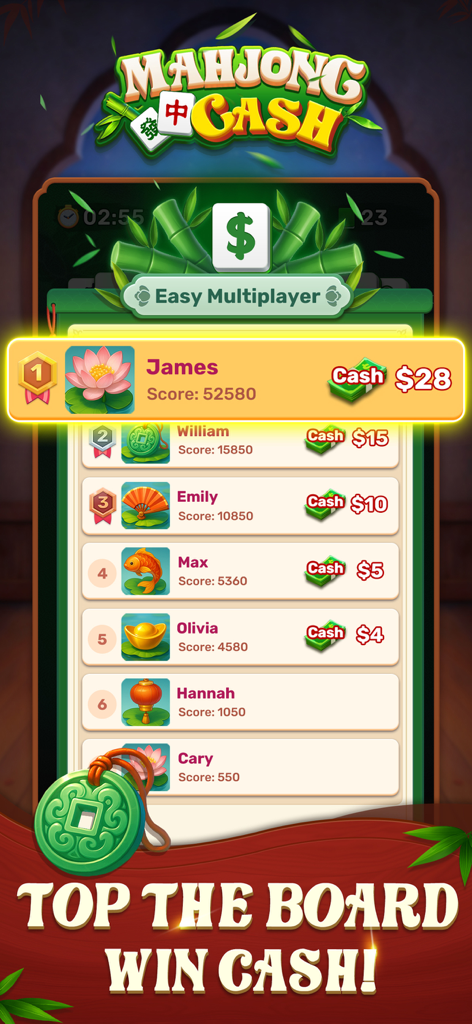 A leaderboard screen in the Mahjong Cash app showing top players and their real cash prizes.