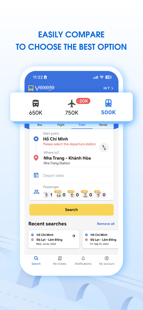 Vexere app interface for comparing and booking bus, flight, and train tickets in Vietnam