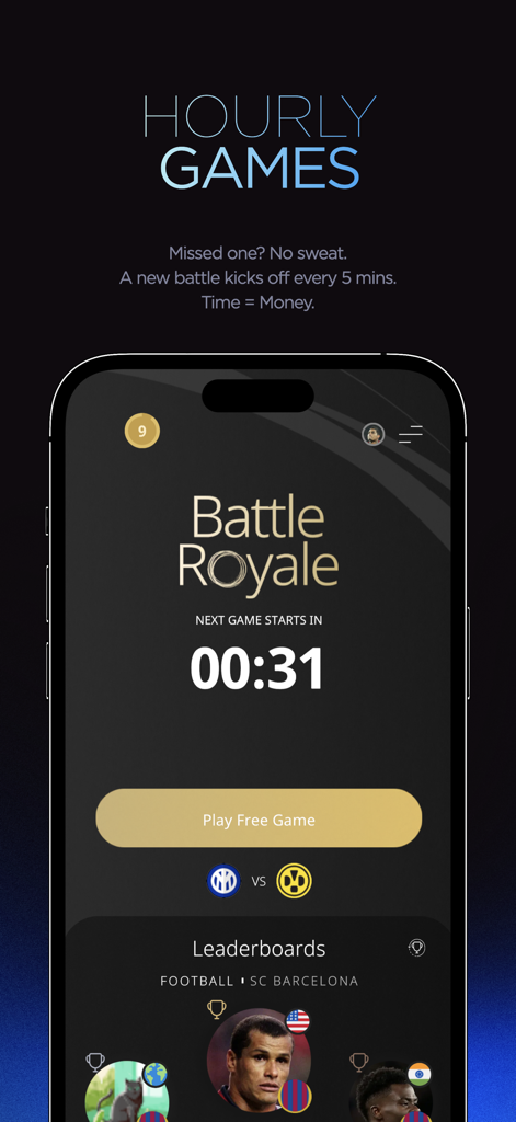 Super One app interface showing hourly Battle Royale trivia game countdown and leaderboards