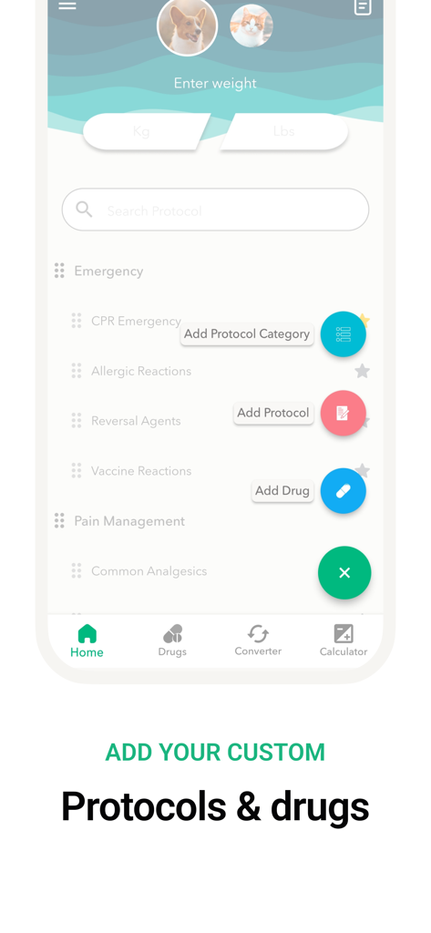 Vet Easy - Drugs & Calculators - Vet Easy app interface for adding custom veterinary protocols and drugs