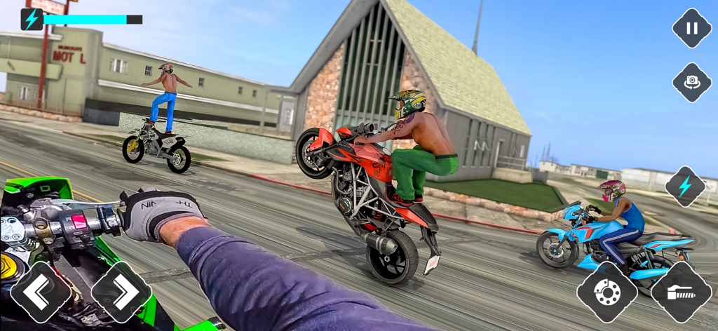 Stunt Race Bike: Dirt Bike 3d - First person gameplay of Stunt Race Bike showing riders performing tricks and wheelies on a city street