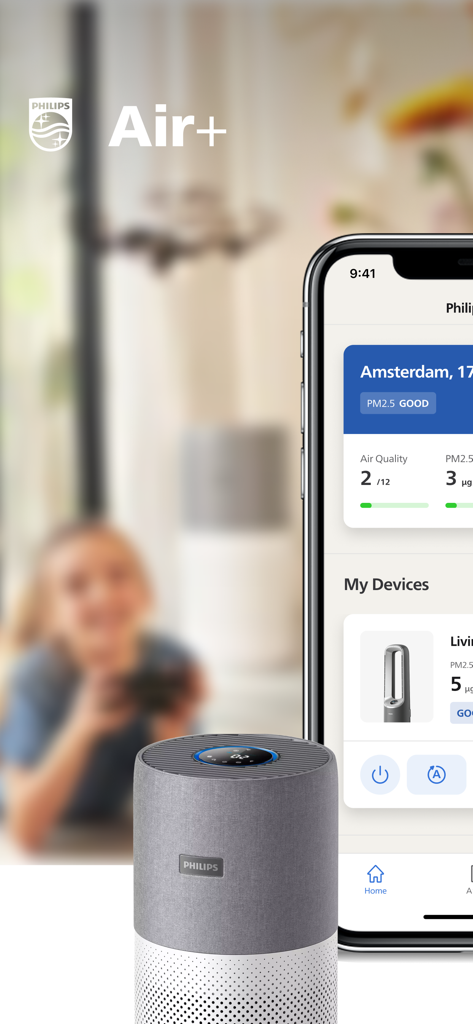 Philips Air plus App auf dem iPhone zeigt die Luftqualitätsdaten des Hauses neben einem intelligenten Luftreiniger
