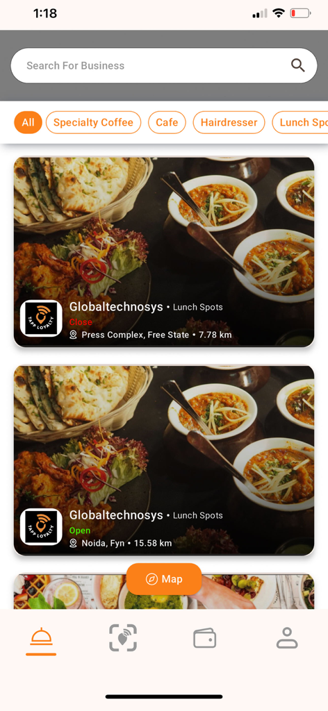 A mobile interface for the Digital Loyalty app showing a list of local businesses like cafes and lunch spots with search and category filters.