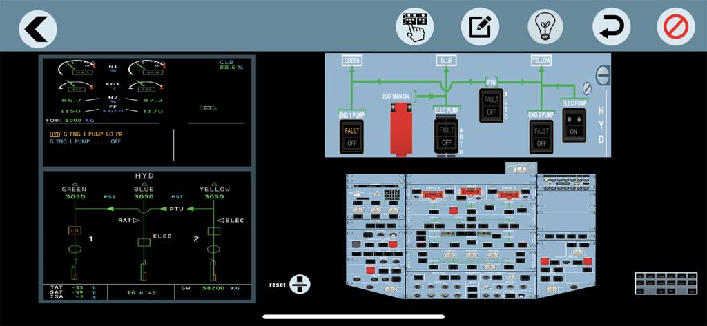 Airbus A320 ECAM pilot trainer che mostra la simulazione del sistema idraulico e i messaggi di guasto