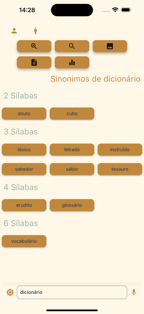 Sinonimos - Interface do aplicativo Sinônimos mostrando sinônimos em português para a palavra dicionário categorizados por número de sílabas.