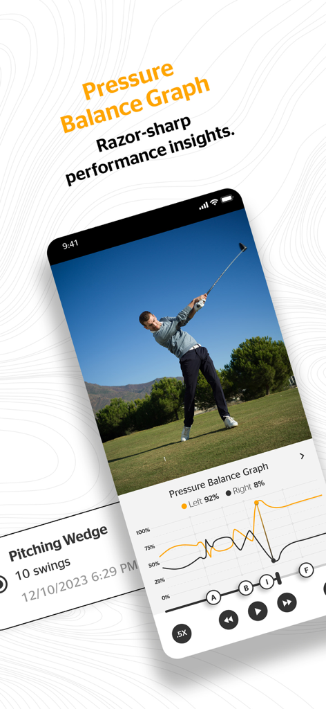 Interfaz de la aplicación BAL.ON que muestra un análisis de video del swing de golf junto con un gráfico detallado de equilibrio de presión.