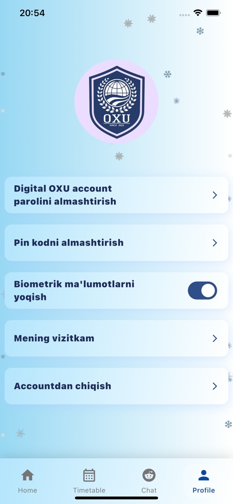 Tela de perfil do aplicativo estudantil OXU exibindo configurações de conta e segurança com um fundo temático de inverno azul.