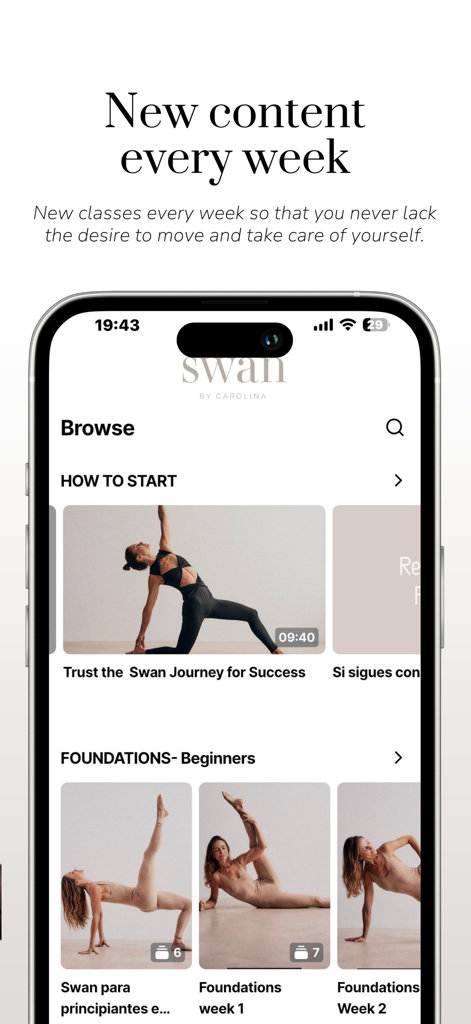 Swan by Carolina - Interface de l'application Swan by Carolina montrant l'écran de navigation avec de nouvelles classes de yoga et de Pilates hebdomadaires
