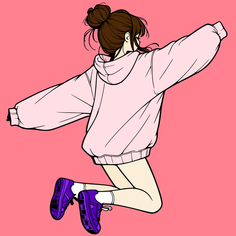 realistic girl jumping with a bun and oversized sweatshirt