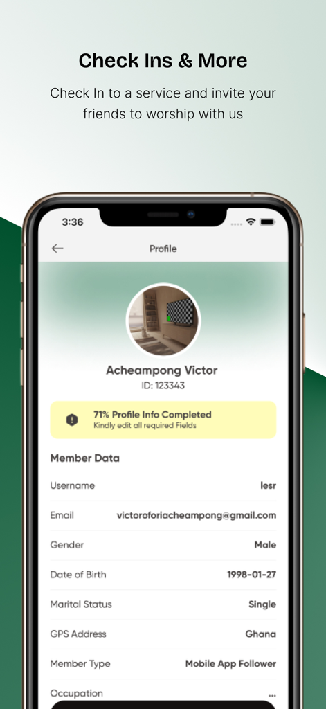 Mobile app interface showing a church member profile on the ICGC app