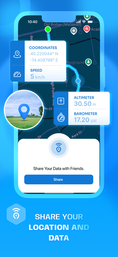 Altimeter Ultra: GPS & Compass - Interface of the Altimeter Ultra app showing real-time GPS coordinates altitude barometric pressure and a location sharing feature