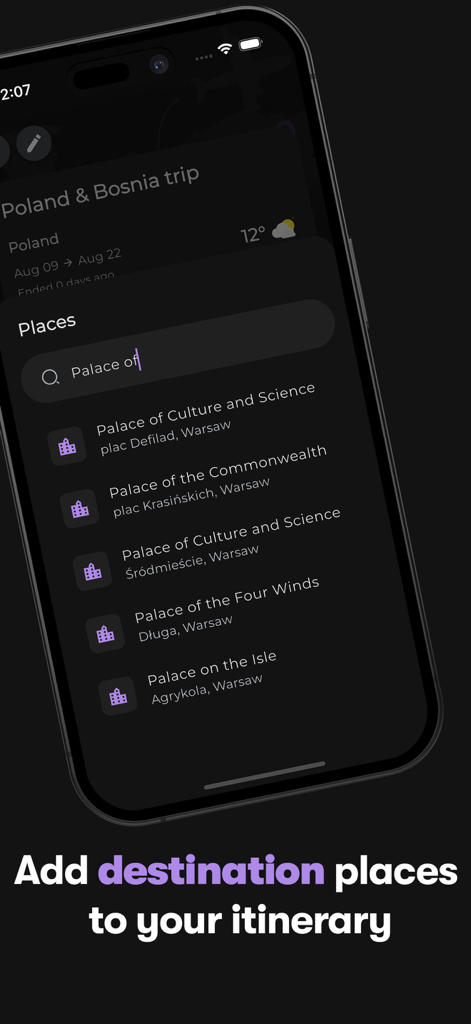 Searching and adding destination places to a travel itinerary in the Tripnote app
