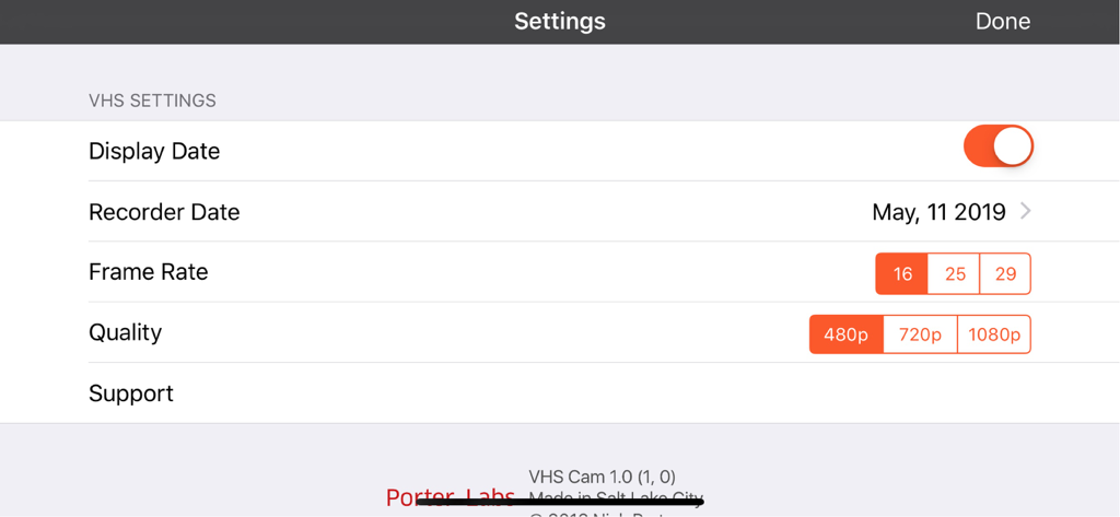 Settings screen of the VHS Video Cam app showing video quality and date options