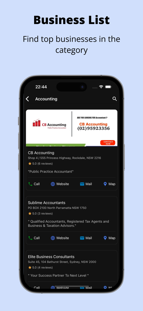 Kaam Kotha - Geschäftslistenseite in der Kaam Kotha App, die ein Verzeichnis von Buchhaltungsdiensten mit Kontaktmöglichkeiten zeigt