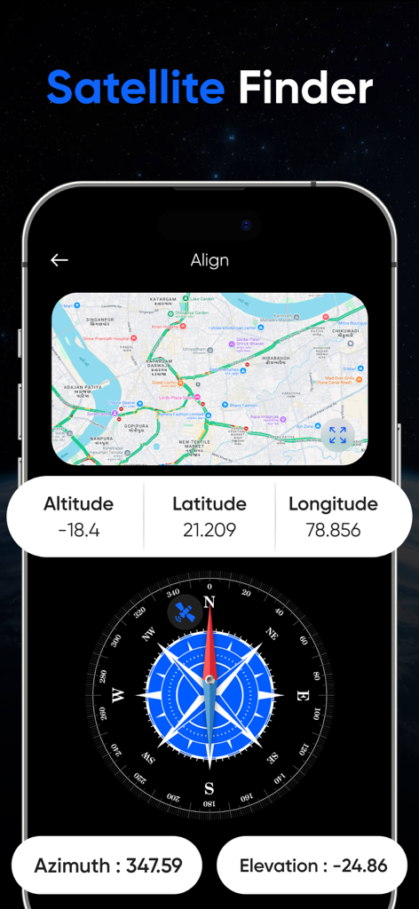 Track Satellite :Find Position - Mobile app screen showing a satellite finder with a map coordinates and a digital compass for alignment