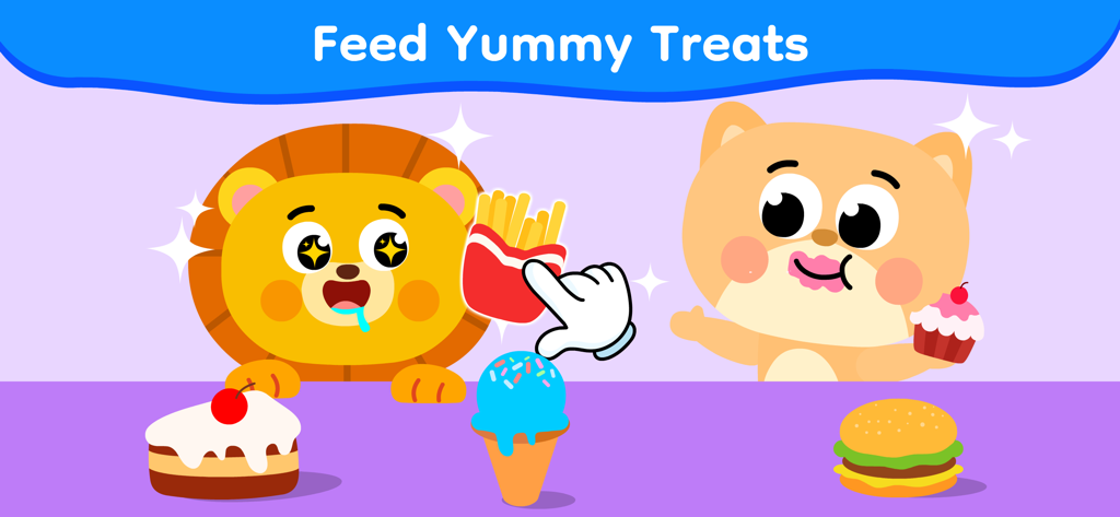Schermata di gioco per bambini che mostra un leone e un gatto dei cartoni animati a cui vengono dati vari trattamenti gustosi.