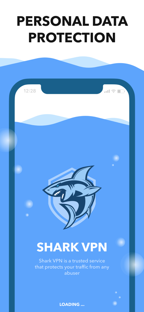 Schermata di avvio dell'app Shark VPN con un logo di squalo all'interno di uno scudo e testo sulla protezione dei dati personali