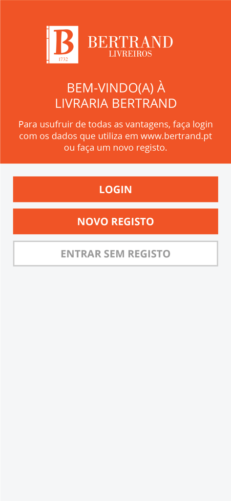 Bertrand 1732 app welcome screen with options for login and new registration in Portuguese