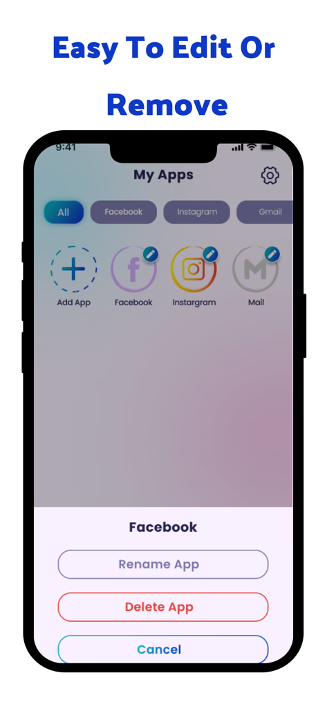 Parallel Account - Dual Space - Interface showing options to rename or delete cloned social media apps within the Parallel Account app.