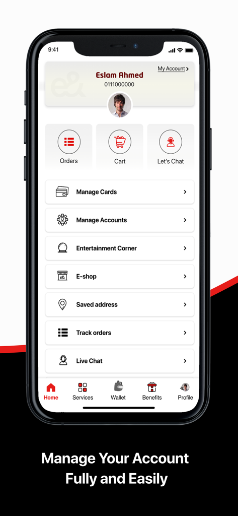 Painel de gerenciamento de perfil de usuário e conta no aplicativo My e and EG