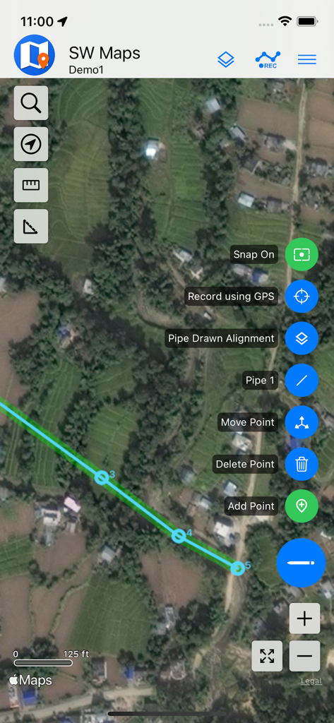SW Maps - Mobile GIS mapping in SW Maps showing a pipe alignment on satellite imagery
