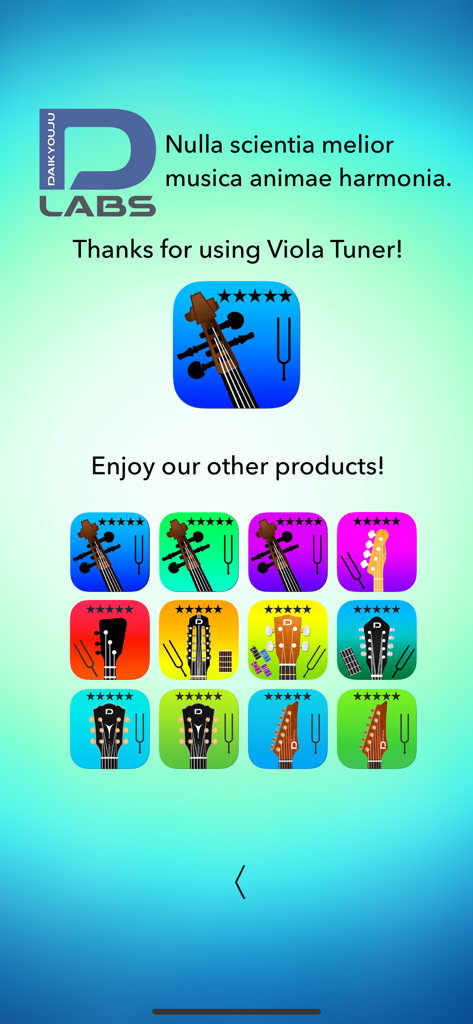 Viola Tuner Professional - Daikyouju Labs developer screen showing a collection of instrument tuner apps for viola violin cello and guitar