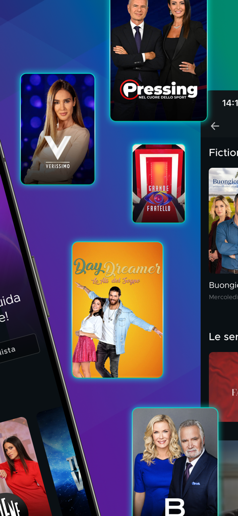 Mediaset Infinity app interface displaying popular Italian television programs like Grande Fratello and Pressing