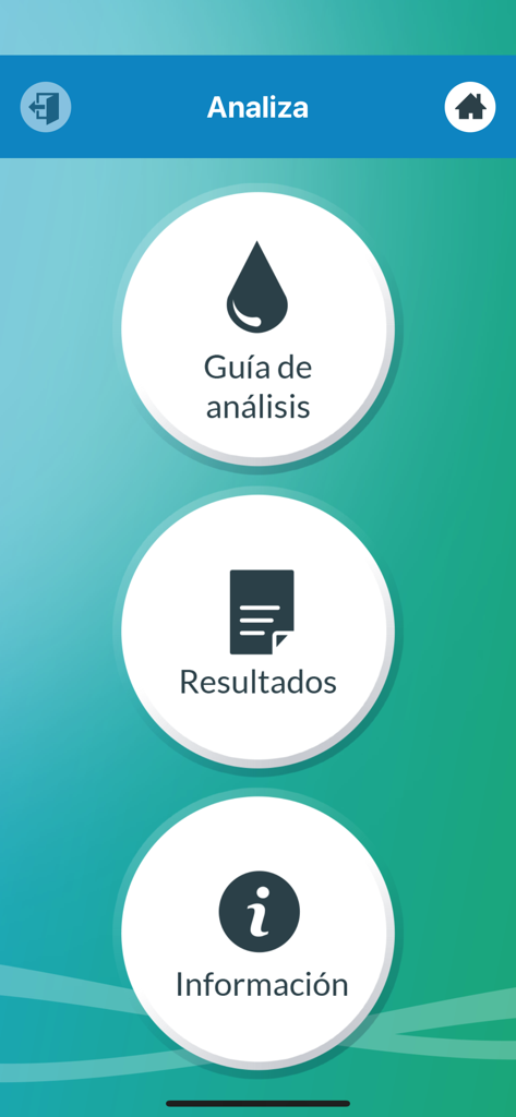 Menu principale dell'app medica Analiza in spagnolo che mostra i pulsanti per la guida all'analisi, i risultati e le informazioni.
