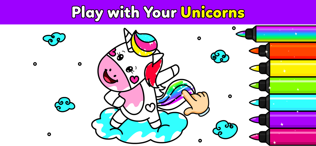 My Unicorn Coloring Club Games - Un unicornio de dibujos animados siendo coloreado con rotuladores de purpurina arcoíris en un juego móvil creativo para niños
