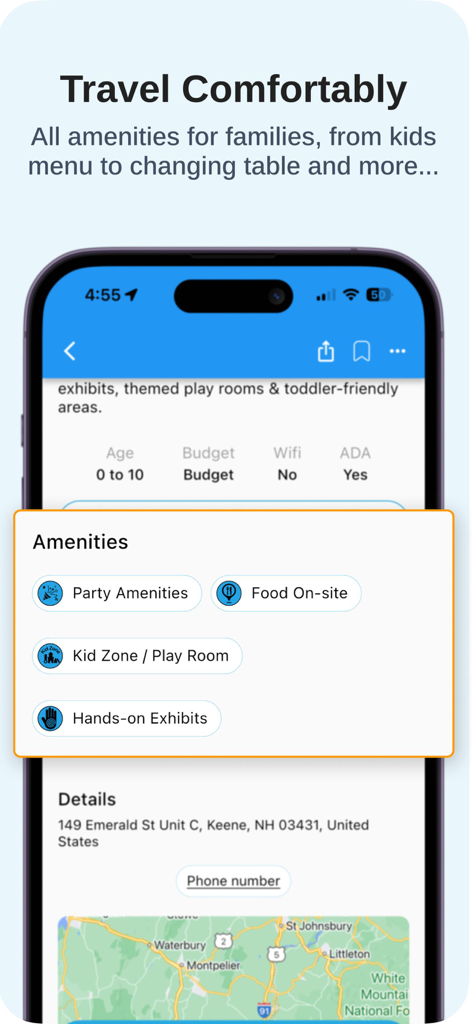 Gowhee app screen showing kid-friendly amenities including playrooms and on-site food for family travel