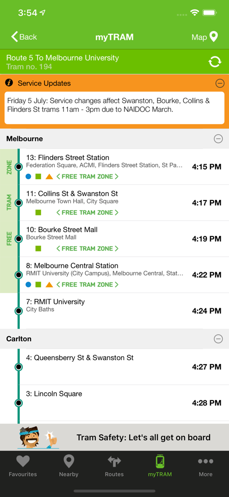 tramTRACKER - Real-time tram tracking screen showing route stops and arrival times in Melbourne