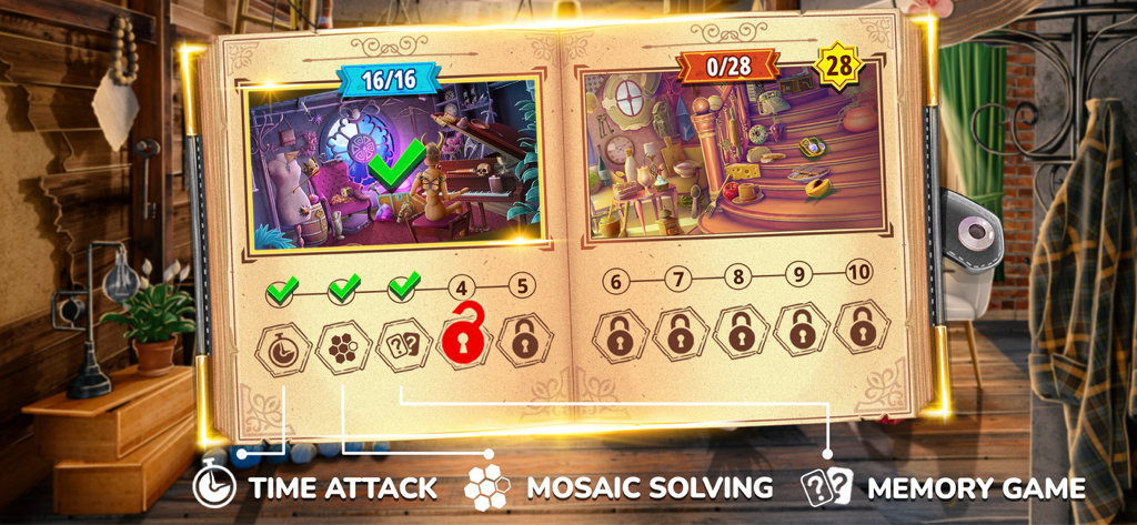 Levelauswahl-Bildschirm in einem Buch, der Wimmelbild-Level und Minispiele wie Mosaik- und Memory-Rätsel zeigt.