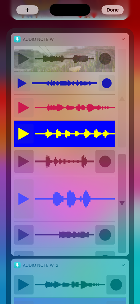 Audio Note Widget - iPhone 화면에 재생 버튼과 사운드 파형이 있는 다양한 색상의 오디오 노트 위젯 목록
