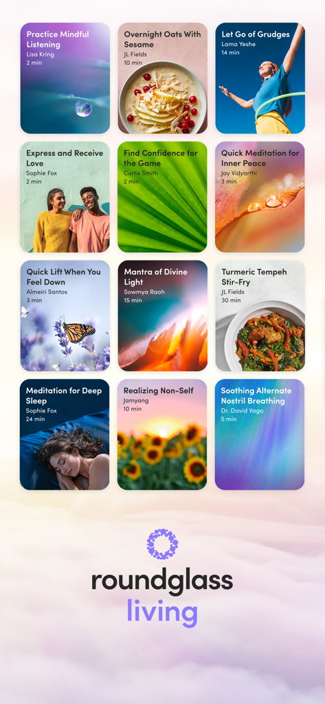 Roundglass Living: Wellbeing - A collage of wellbeing content cards from Roundglass Living showing meditation, healthy recipes, and mindful movement.