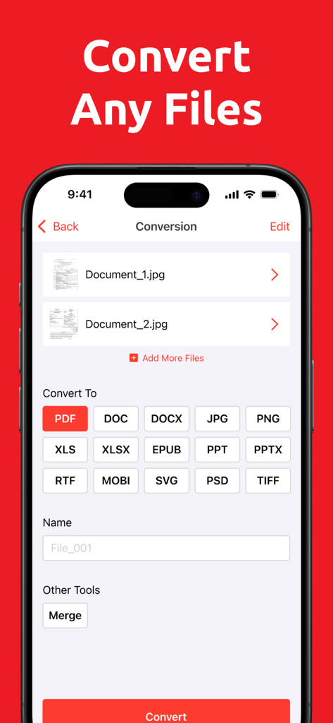 PDF Converter.ㅤ - Mobile app interface showing options to convert multiple files into various formats including PDF DOCX and EPUB