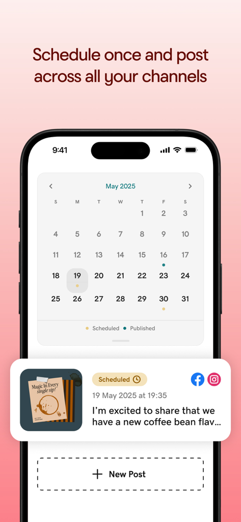 Mobile App-Oberfläche, die einen Monatskalender für die Planung von Social-Media-Beiträgen über mehrere Kanäle hinweg zeigt