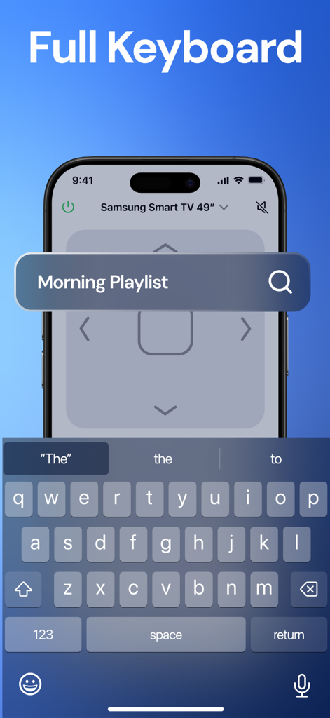 Universal Remote Control TV ・ - La app de mando a distancia universal muestra un teclado completo en un iPhone para buscar contenido de TV