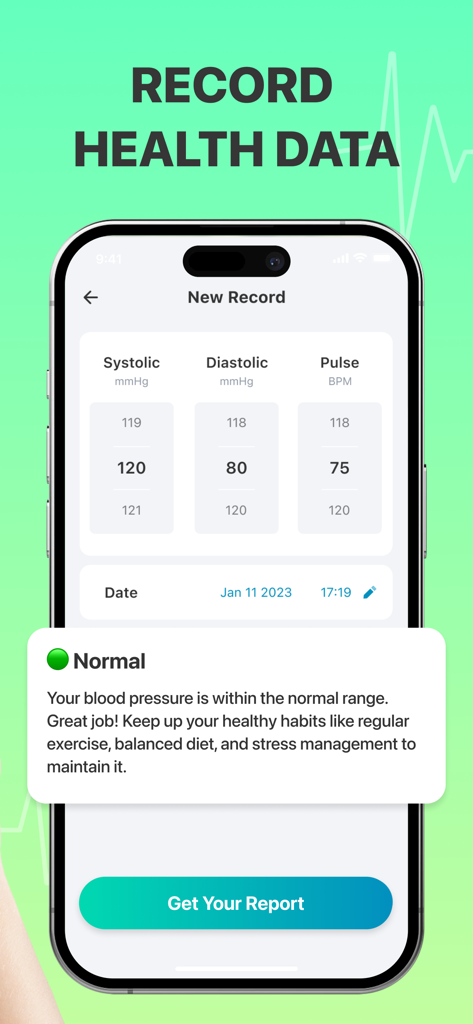 Blood Sugar : Pulse Monitor - Mobile app interface for recording systolic and diastolic blood pressure and pulse readings with a normal status notification