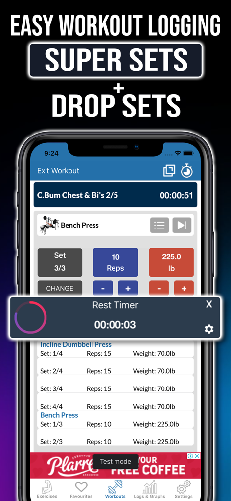 Gym Exercises & Workouts - Pantalla de la aplicación móvil para registrar ejercicios de gimnasio, incluyendo series, repeticiones, peso y un temporizador de descanso.