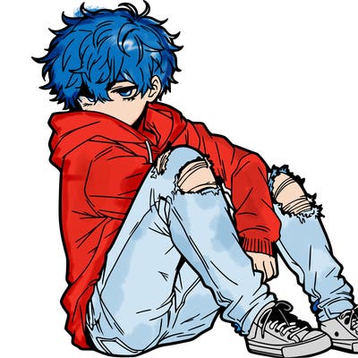 a male hoddie ripped jeans messy hair anime