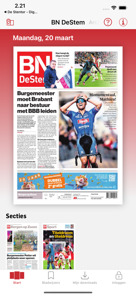 BN DeStem - Digitale krant - Screenshot of the BN DeStem digital newspaper app showing the front page with regional news and sports articles.