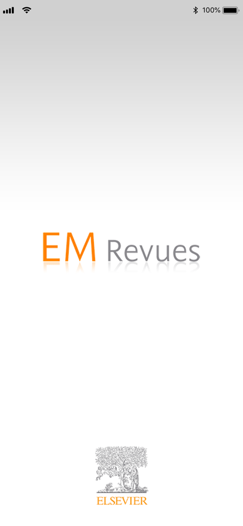 Splash screen of the EM Revues medical app featuring the Elsevier Masson logo