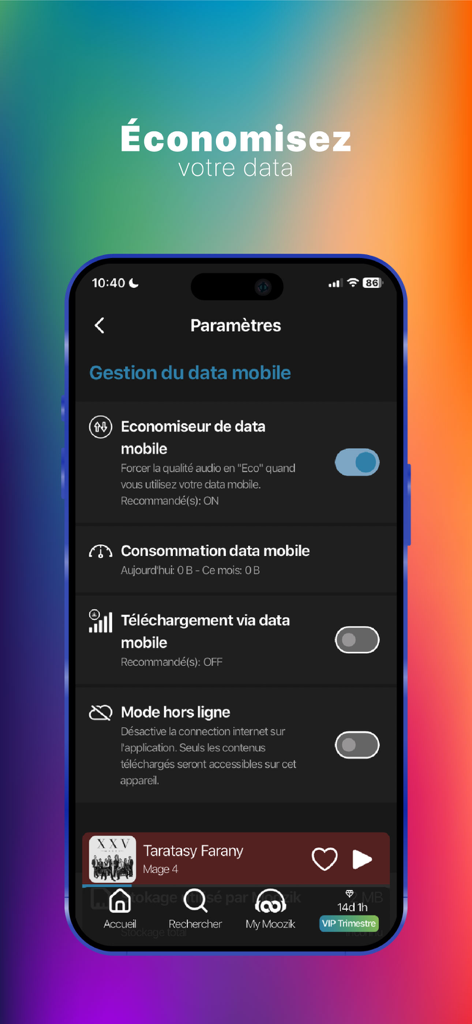 Moozik : Musique et Karaoké - Moozik app settings screen showing mobile data management options including data saver and offline mode